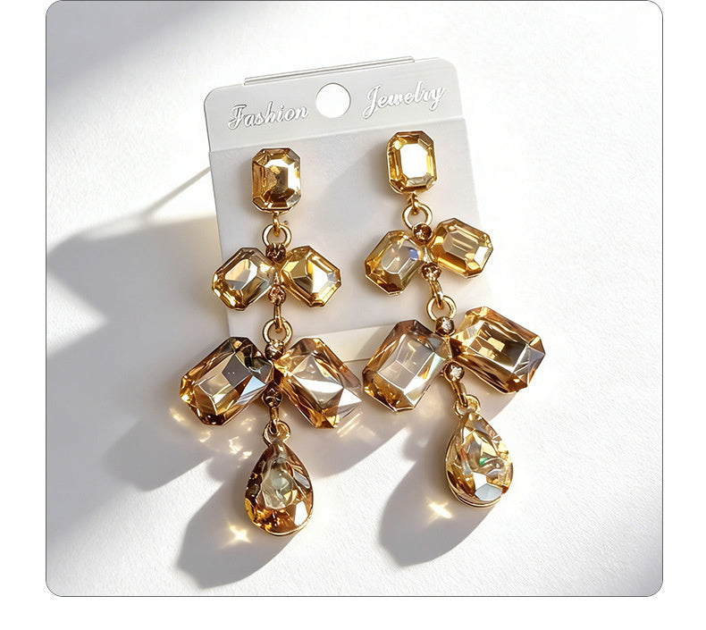 Long waterdrop crystal with fashionable tassels, available in multiple colors, high-transparency cut design, elegant earrings