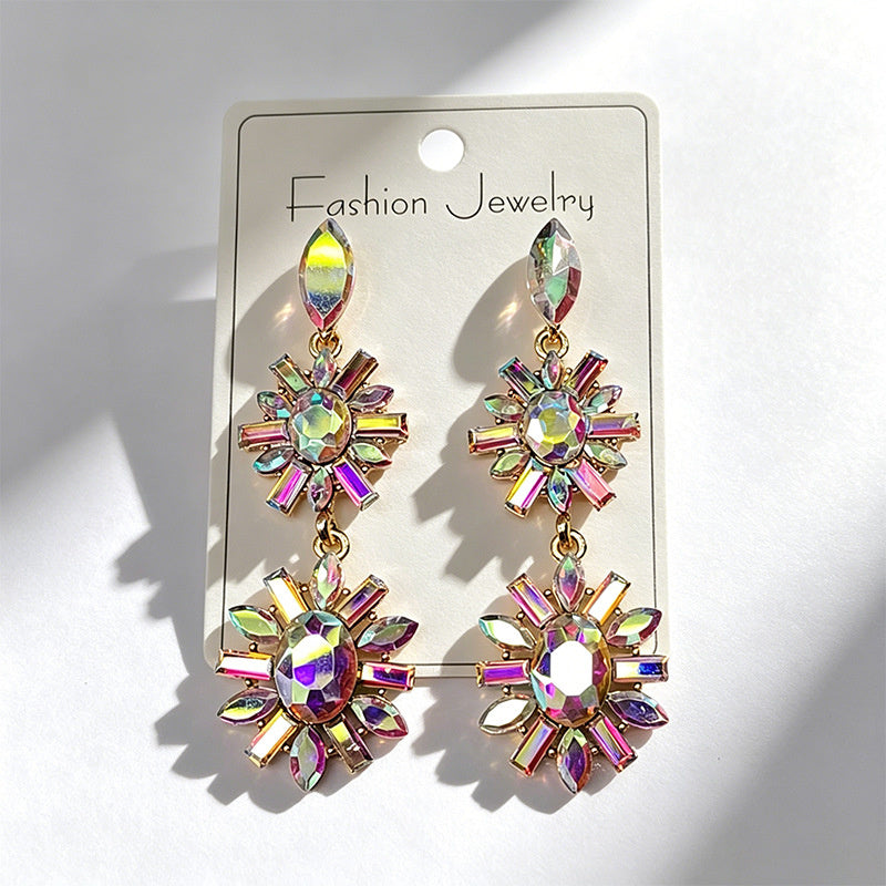 Multi-color rhinestone flower earrings, light luxury and versatile