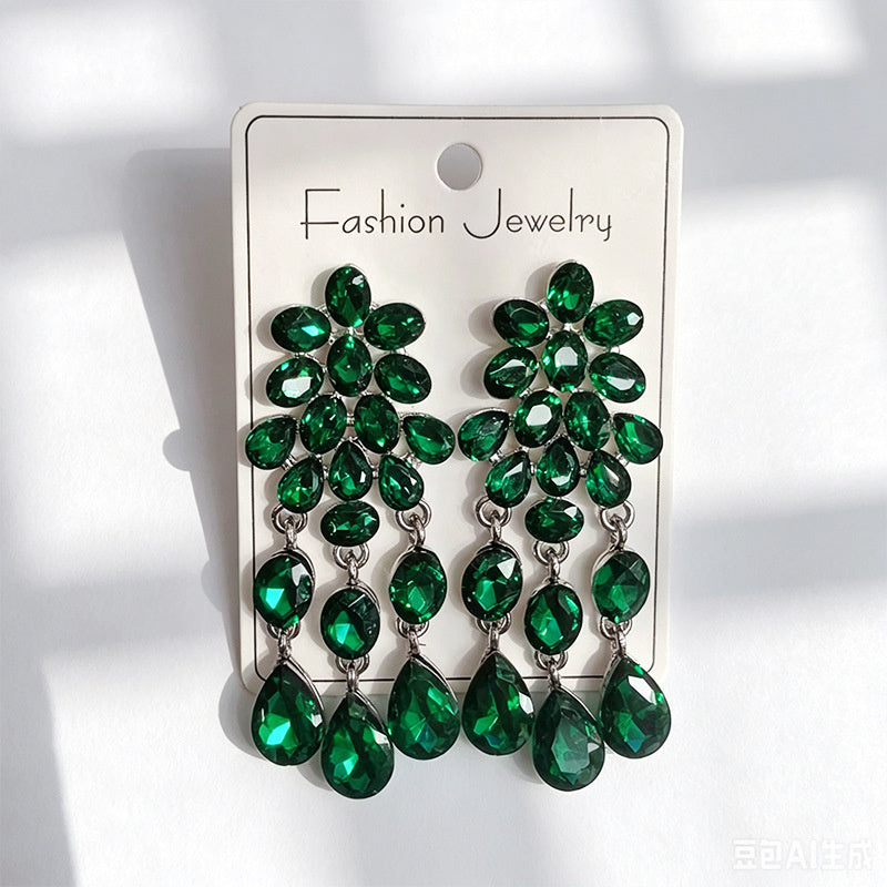 Luxurious water-drop colored diamond long earrings, evening dress accessory, multi-color crystal tassels, slimming and elegant earrings