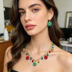 Christmas Multi-element Enamel Necklace Earring Set in Red and Green Colors, Festive Atmosphere Women's Accessories