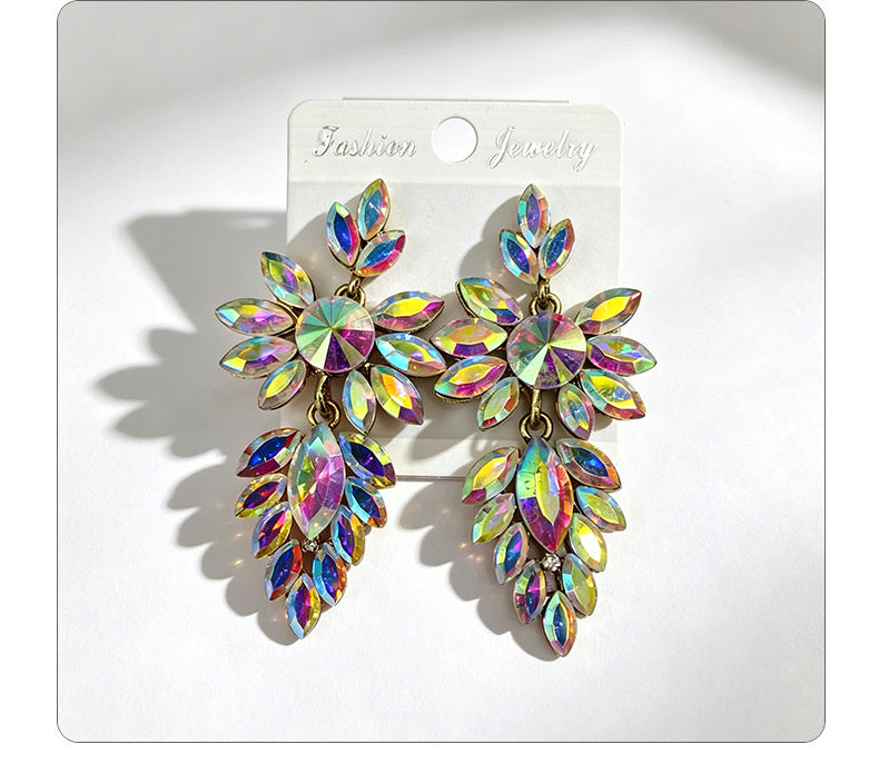 Colorful leaf rhinestone diamond-studded elegant long drop earrings, Hong Kong style party accessories