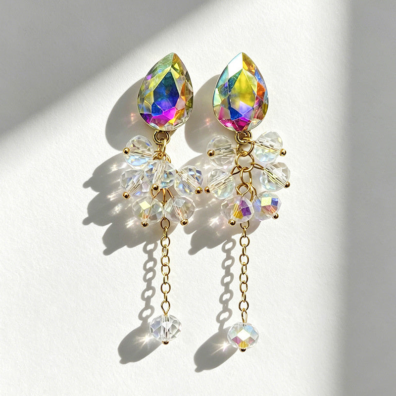 Teardrop-shaped gemstone earrings with multi-layered crystal beads and long tassel design