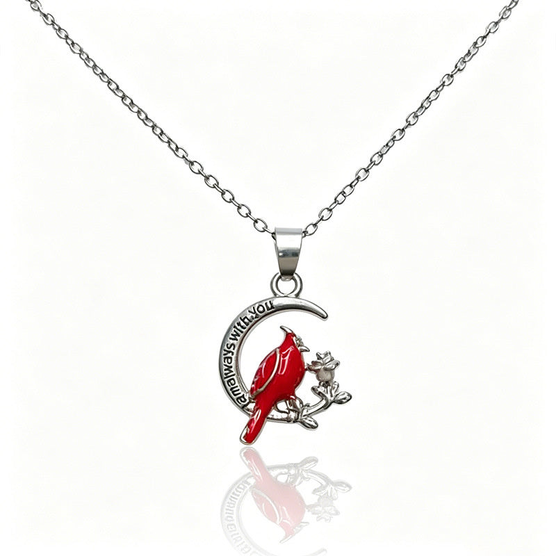 Crescent Red Bird Pendant Necklace for Women, Fashionable Heart-Shaped Diamond-Studded Clavicle Chain, Unique and Elegant Accessory