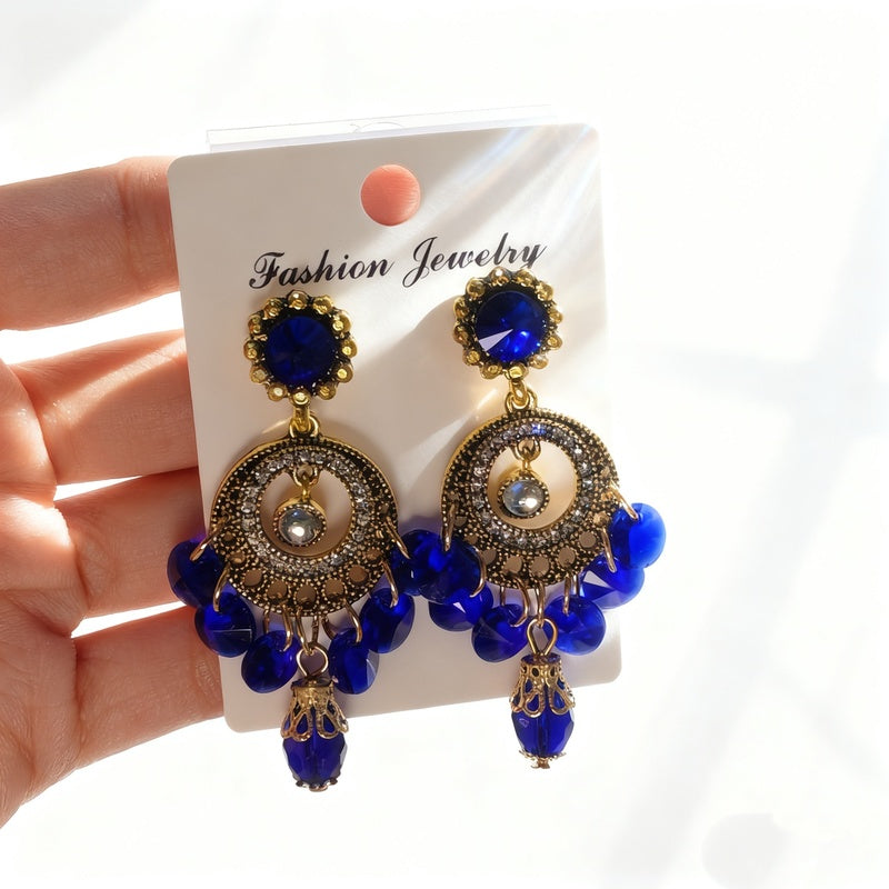 Bohemian style earrings with glass tassels, exaggerated and stylish