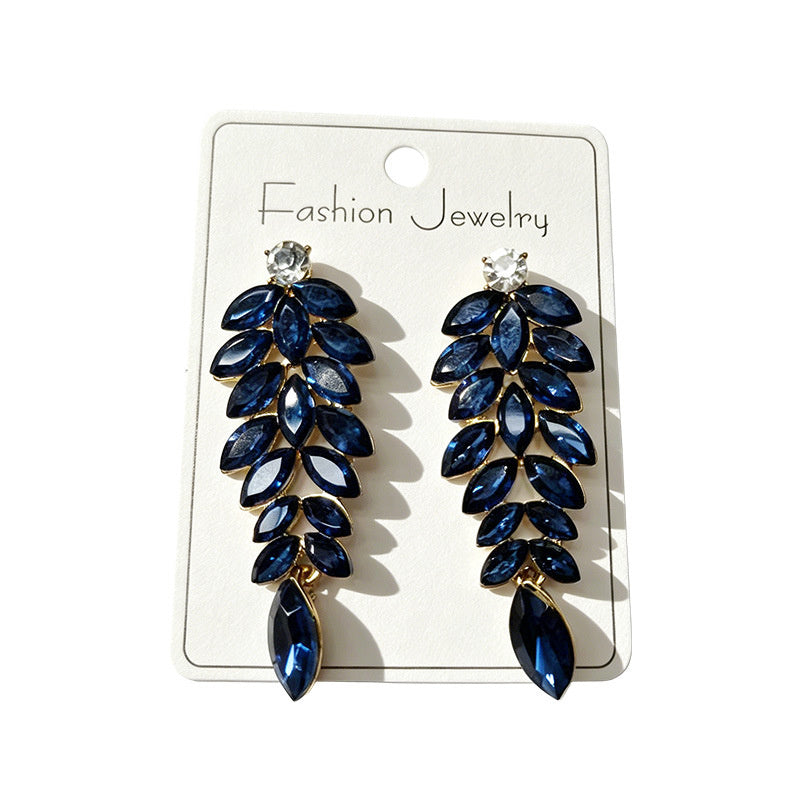 Diamond-studded leaf long tassel multi-color crystal earrings, evening style accessories