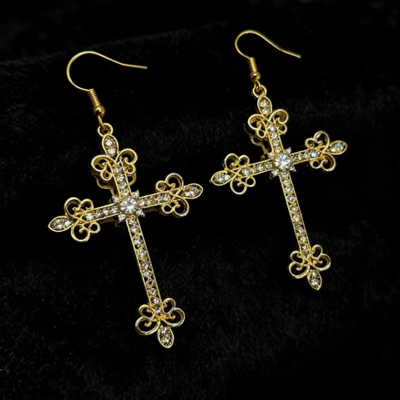 Cross necklace earring set, metal layered wear, simple and unique collarbone chain earrings
