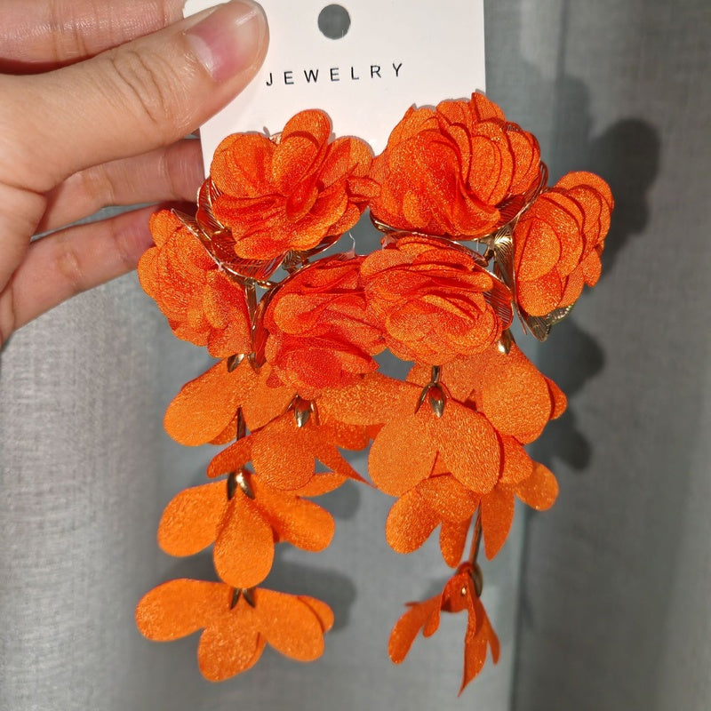 Chiffon flower multi-layered holiday-style earrings, exaggerated earrings with a light luxury feel