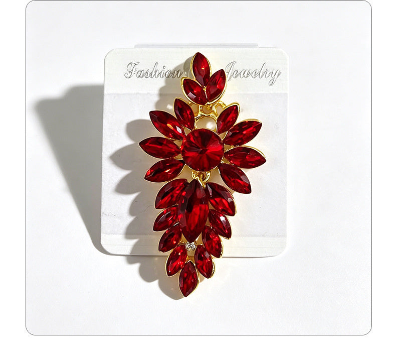 Colorful leaf rhinestone diamond-studded elegant long drop earrings, Hong Kong style party accessories