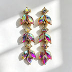 Leaf-shaped colorful diamond long earrings marquise-shaped rhinestones, suitable for pairing with dresses, creating a light and luxurious atmosphere