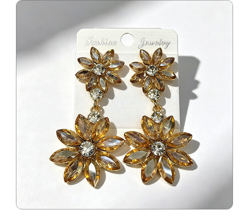 Light luxury style double-layer rhinestone flower for women, high-end versatile commuter earrings