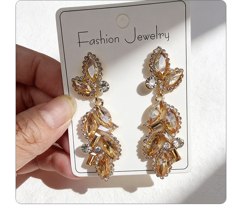 Leaf and Branch Rhinestone Long Luxurious Exquisite Stud Earrings, High-End Slim Party Earrings