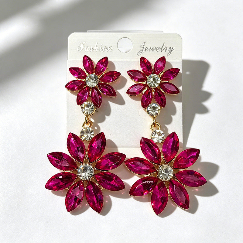 Light luxury style double-layer rhinestone flower for women, high-end versatile commuter earrings