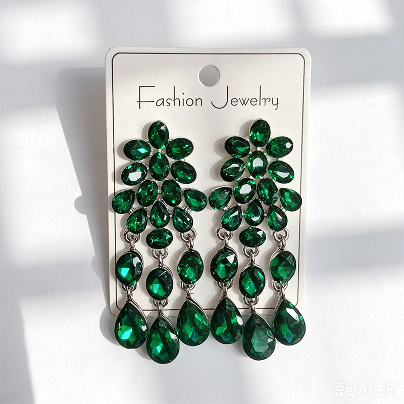 Luxurious water-drop colored diamond long earrings, evening dress accessory, multi-color crystal tassels, slimming and elegant earrings