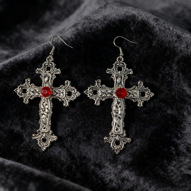 Patterned Cross and Earring Set Dark Punk Style Blood Red Gothic Necklace