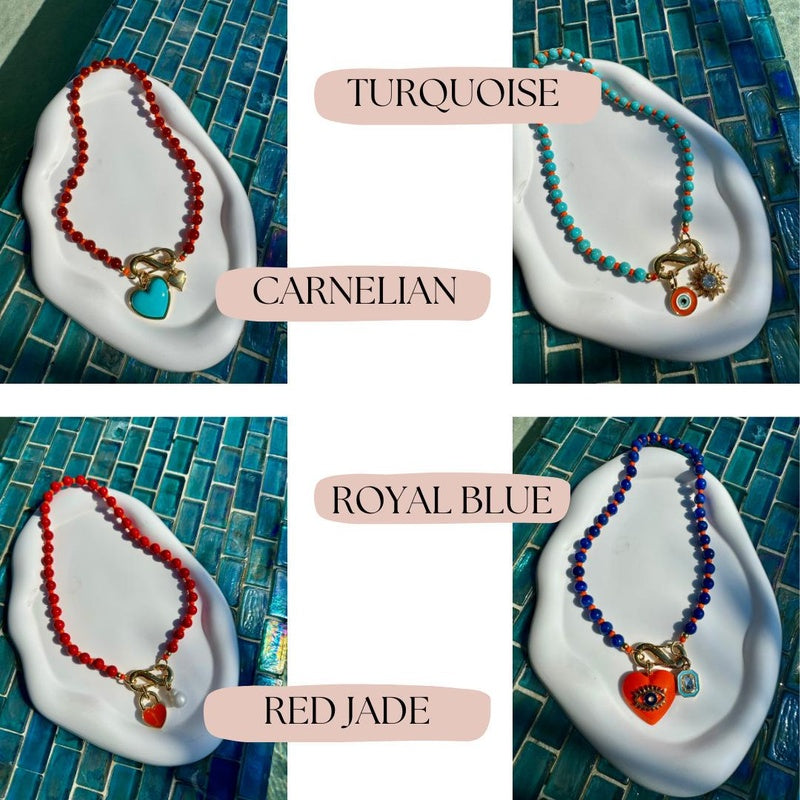 18" Custom Carabiner Charm Gemstone Beaded Necklace| Colorful Necklaces Pick Any 2 Charms| Jewelry Gift for Girls
