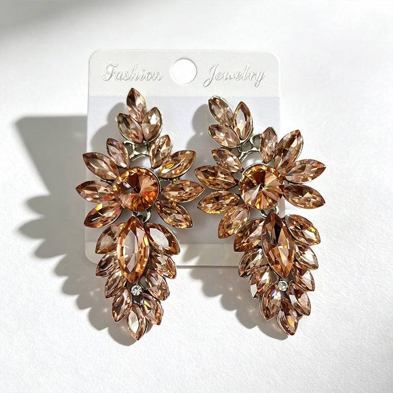 Colorful leaf rhinestone diamond-studded elegant long drop earrings, Hong Kong style party accessories