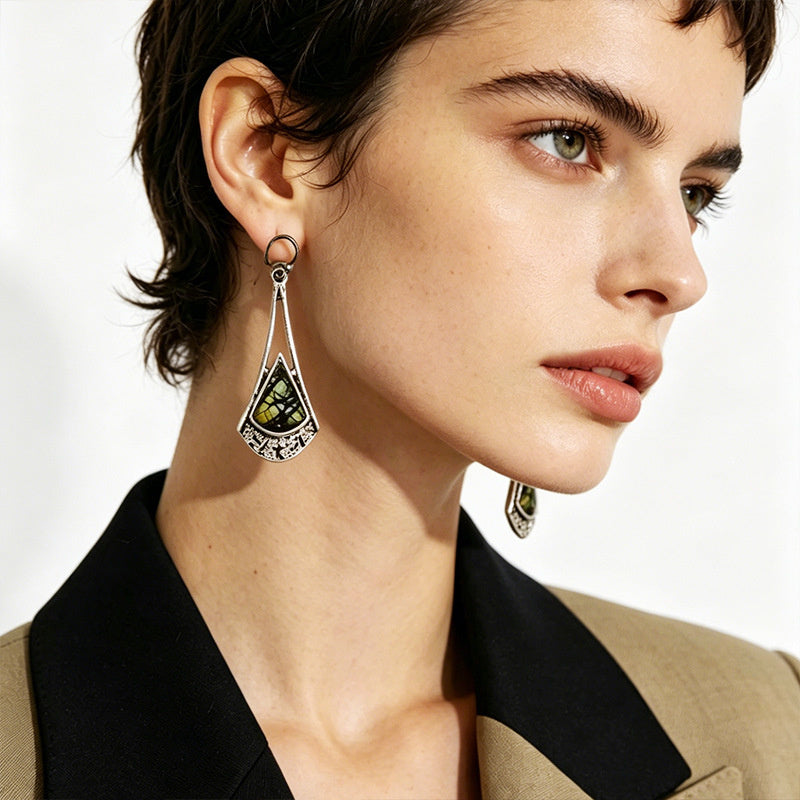 Fan-shaped triangular pattern gemstone ear hook crackle stone pendant niche everyday wear earrings
