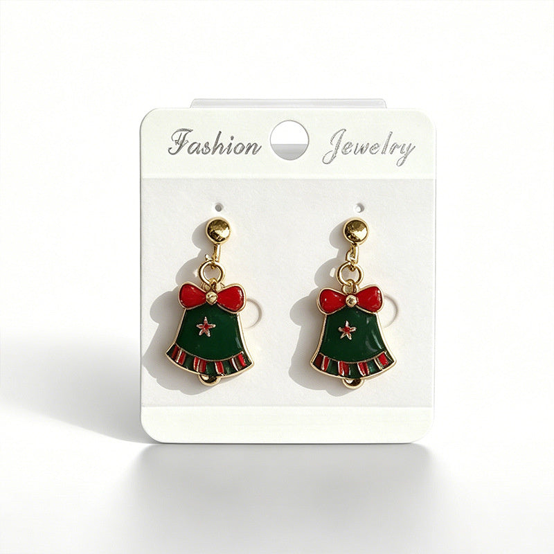 Christmas-themed alloy oil-drip earrings, bell, snowman, wreath set, cute cartoon holiday party children's earrings