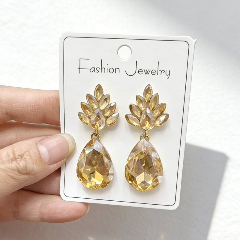 Water drop-shaped earrings, light luxury with diamond-encrusted floral leaf pendants, available in multiple colors, versatile and suitable for everyday wear as an accessory