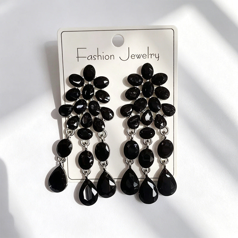 Luxurious water-drop colored diamond long earrings, evening dress accessory, multi-color crystal tassels, slimming and elegant earrings