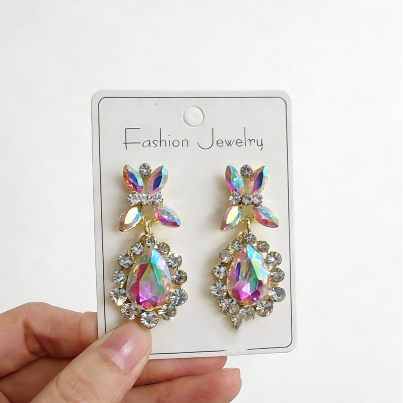 Colorful high-end luxury rhinestone earrings, runway accessories, water drop diamond earrings