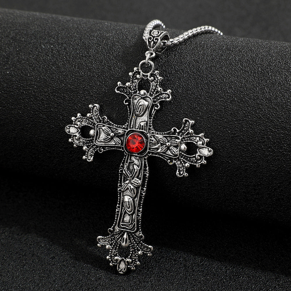 Patterned Cross and Earring Set Dark Punk Style Blood Red Gothic Necklace