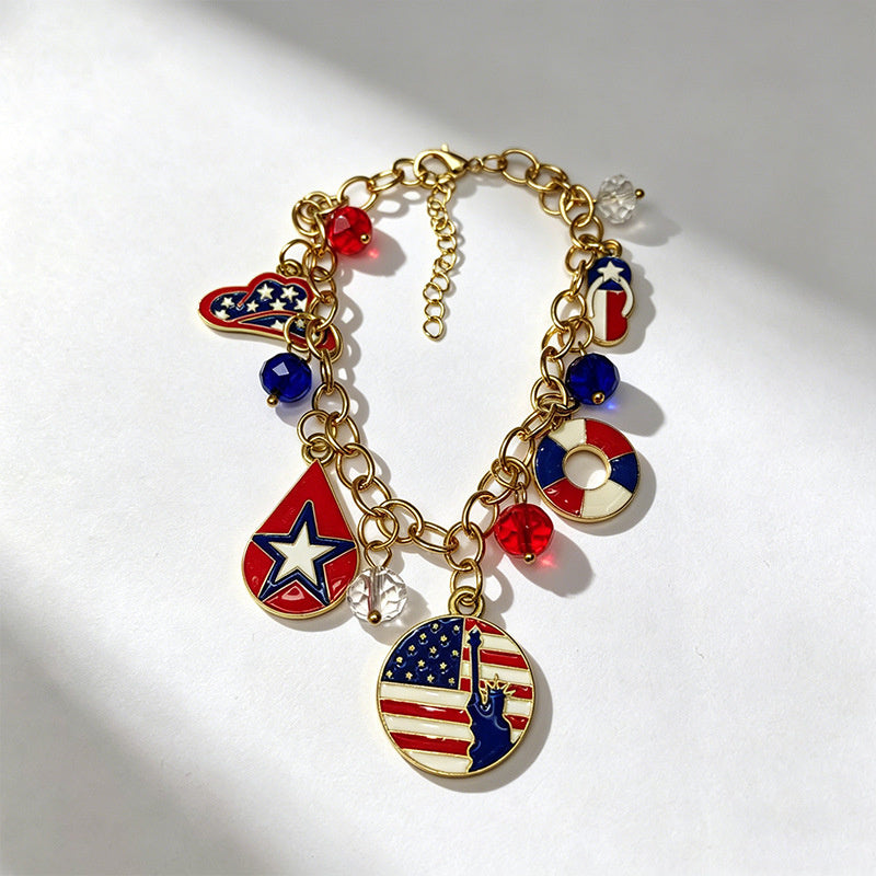 American Independence Day themed flag necklace for women, creative oil-drip star and heart pendant bracelet