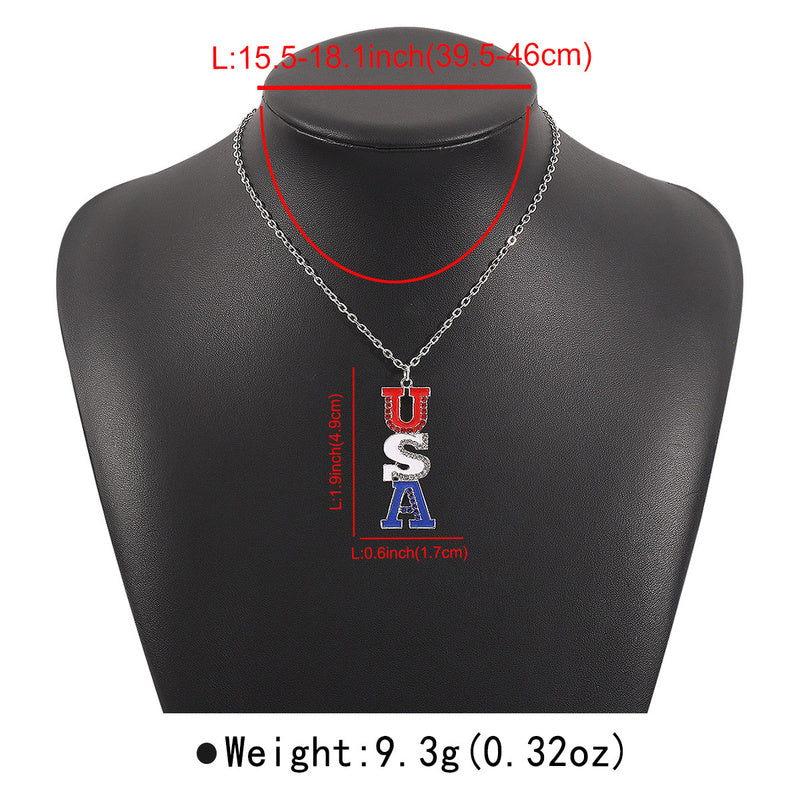 American Independence Day Flag Pendant Necklace with Rhinestones Patriotic Theme Collarbone Chain for Women