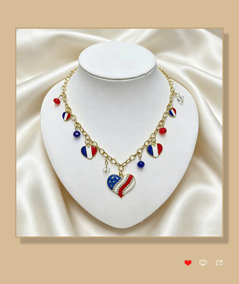 American Independence Day themed flag necklace for women, creative oil-drip star and heart pendant bracelet