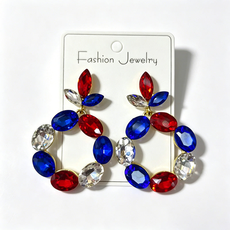 Red, blue, and white three-color crystal long water drop earrings, stage performance dress accessories, stylish ear jewelry