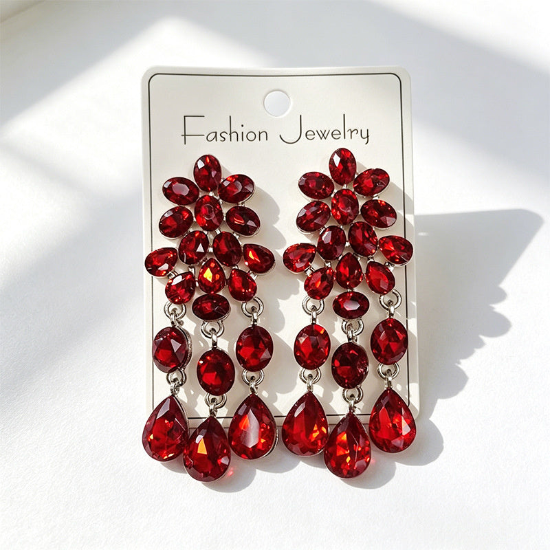 Luxurious water-drop colored diamond long earrings, evening dress accessory, multi-color crystal tassels, slimming and elegant earrings