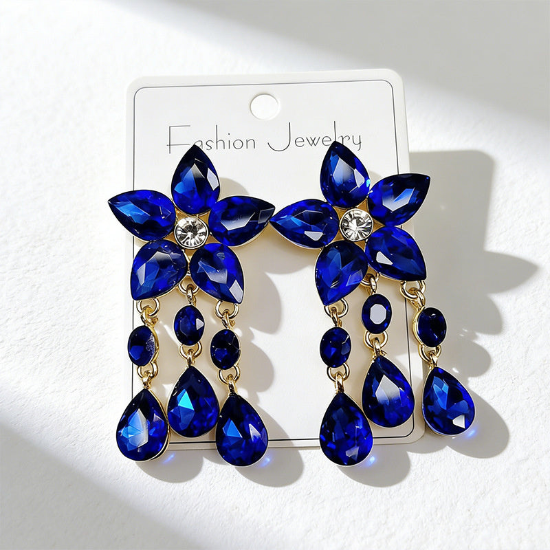 Colorful Gemstone Flower Long Tassel Rhinestone Drop Earrings Fashionable Trendy Women's Ear Accessories