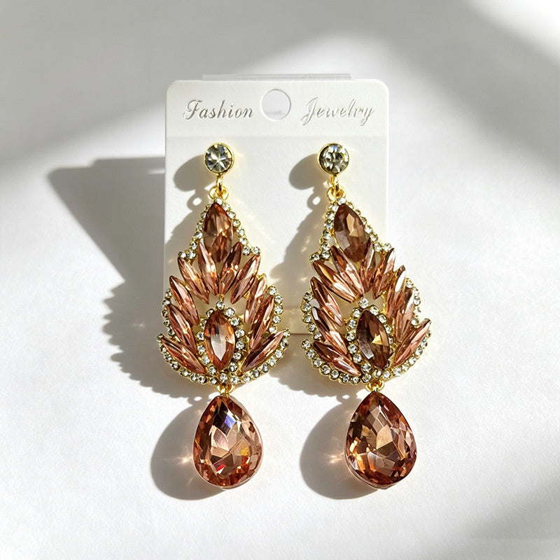 Winged-shaped rhinestone long light luxury colored diamond earrings, available in multiple colors, suitable for dress accessories