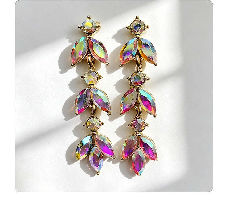 Leaf-shaped colorful diamond long earrings marquise-shaped rhinestones, suitable for pairing with dresses, creating a light and luxurious atmosphere
