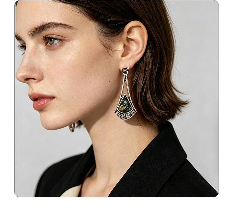 Fan-shaped triangular pattern gemstone ear hook crackle stone pendant niche everyday wear earrings